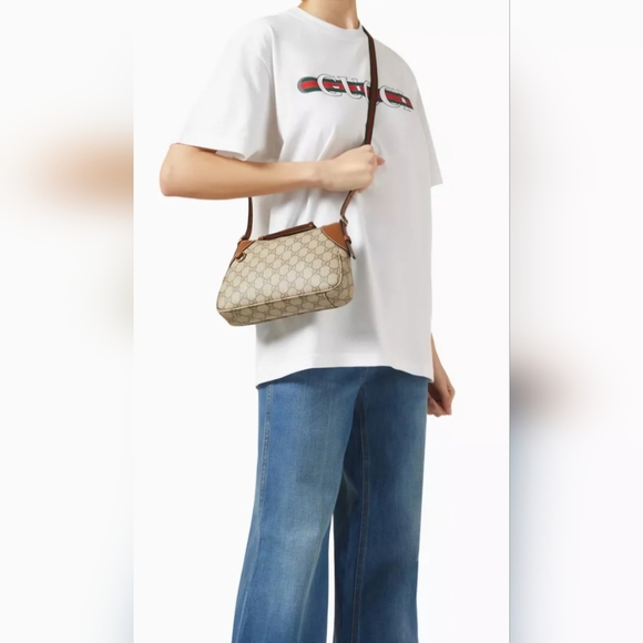 NWT Gucci GG Emblem Monogram Canvas Leather Trim Small Shoulder Bag 2 Straps - Picture 3 of 15